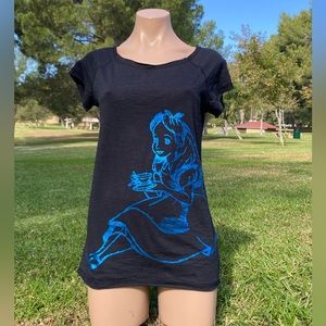 Disney Alice in Wonderland~Juniors large 11/13 Metallic blue Alice black top